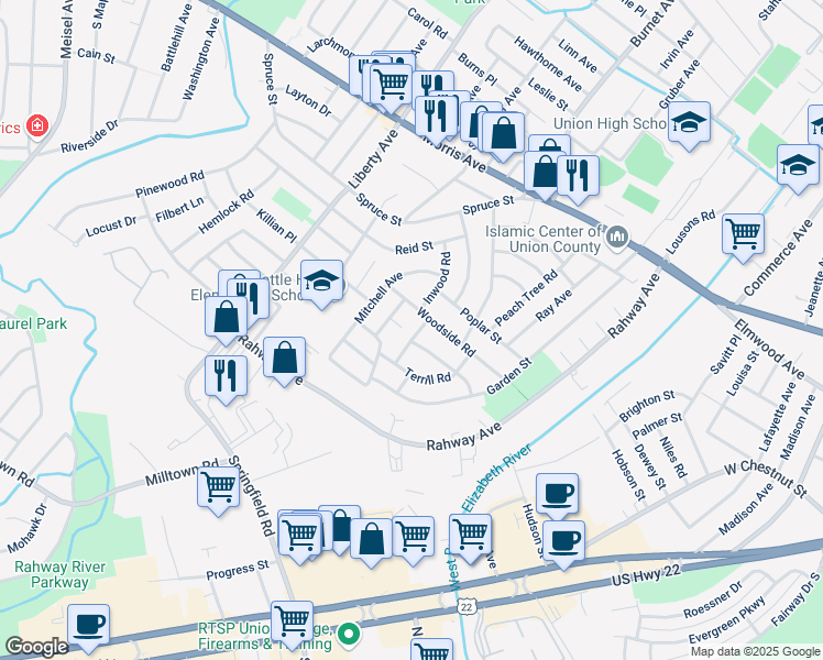 map of restaurants, bars, coffee shops, grocery stores, and more near 766 Inwood Road in Union