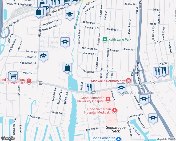 map of restaurants, bars, coffee shops, grocery stores, and more near 32 Merritt Street in West Islip