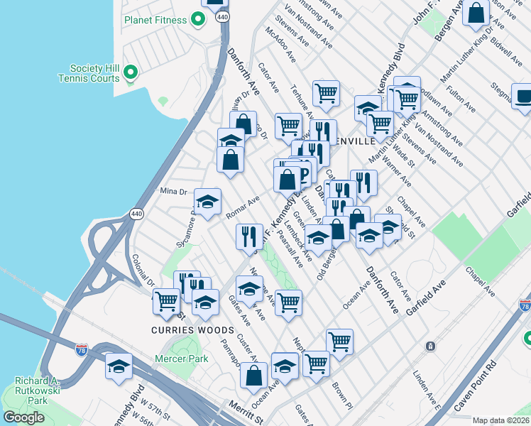 map of restaurants, bars, coffee shops, grocery stores, and more near 1657 John F. Kennedy Boulevard in Jersey City
