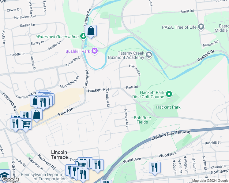 map of restaurants, bars, coffee shops, grocery stores, and more near 714 Ludlow Street in Easton