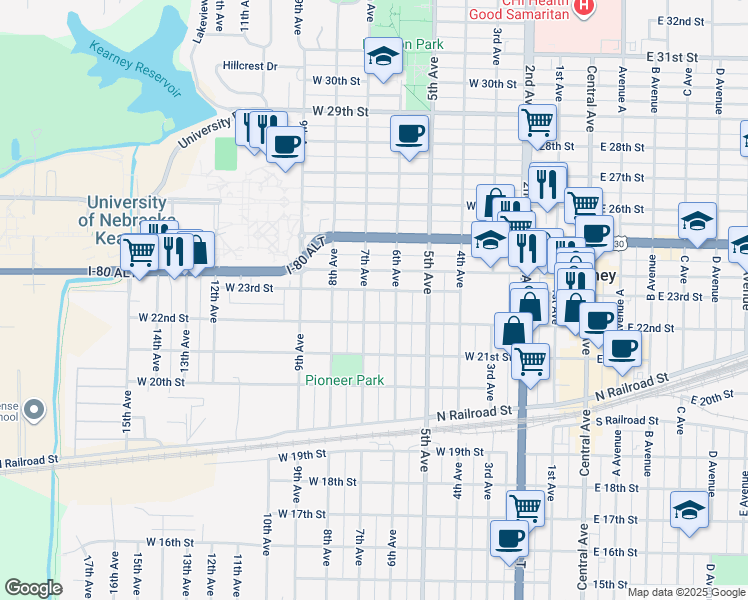 map of restaurants, bars, coffee shops, grocery stores, and more near 2221 7th Avenue in Kearney
