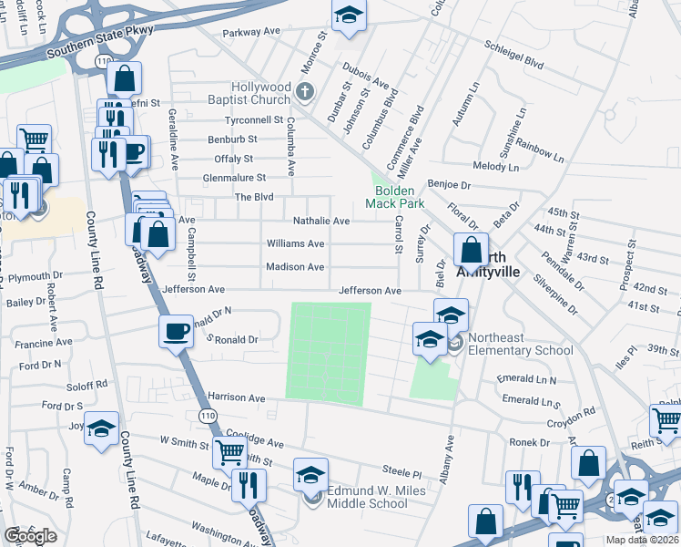 map of restaurants, bars, coffee shops, grocery stores, and more near 8 Cahill Street in Amityville