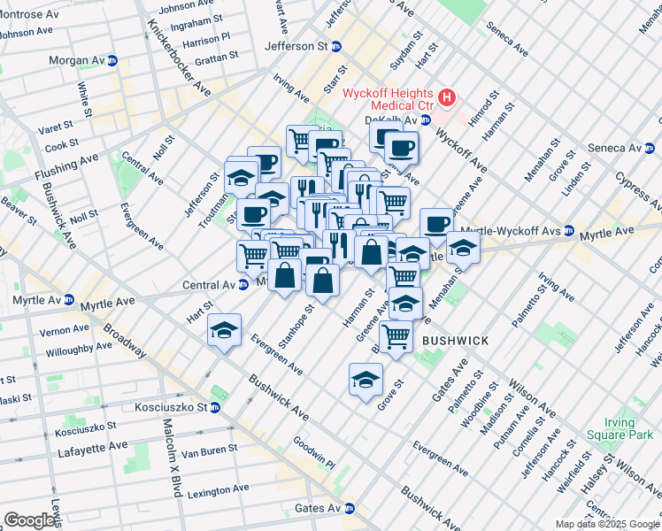 map of restaurants, bars, coffee shops, grocery stores, and more near 132A Stanhope Street in Brooklyn