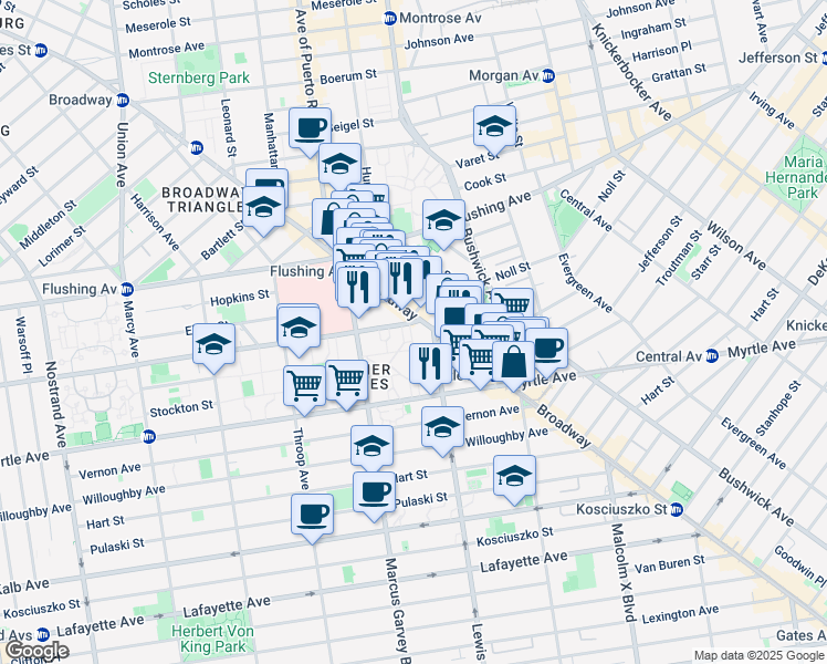 map of restaurants, bars, coffee shops, grocery stores, and more near 896 Park Avenue in Brooklyn