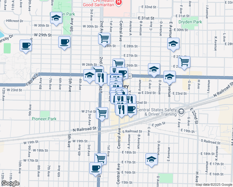 map of restaurants, bars, coffee shops, grocery stores, and more near 1-99 W 22nd St in Kearney