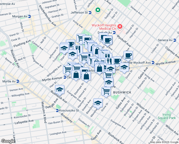 map of restaurants, bars, coffee shops, grocery stores, and more near 132A Stanhope Street in Brooklyn