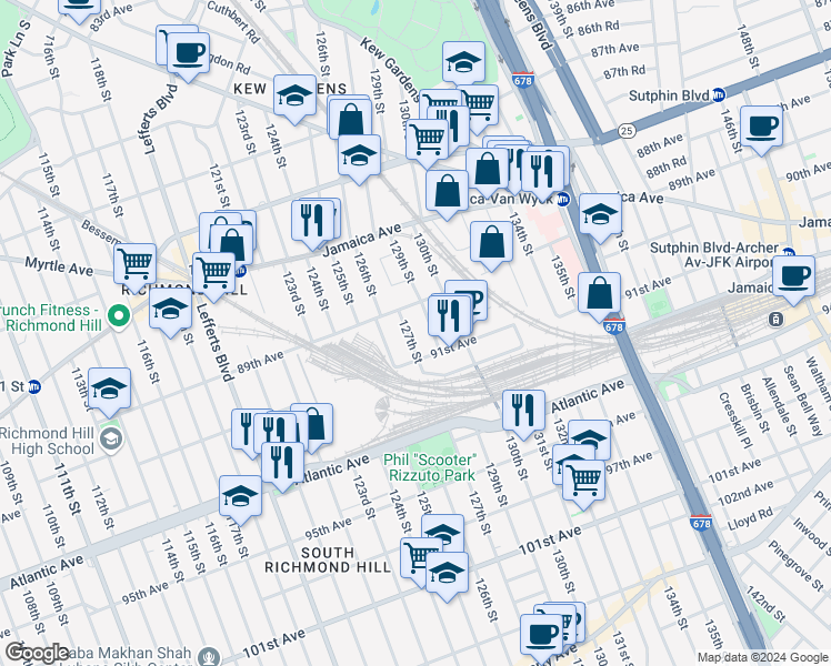 map of restaurants, bars, coffee shops, grocery stores, and more near 89-50 127th Street in Queens