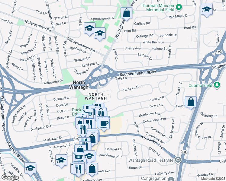 map of restaurants, bars, coffee shops, grocery stores, and more near 88 Lea Ann Terrace in Wantagh