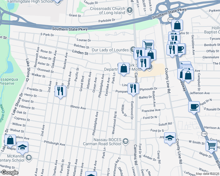 map of restaurants, bars, coffee shops, grocery stores, and more near 410 Park Lane in Massapequa Park
