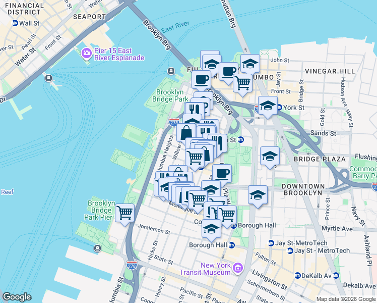map of restaurants, bars, coffee shops, grocery stores, and more near Pineapple Street in Brooklyn