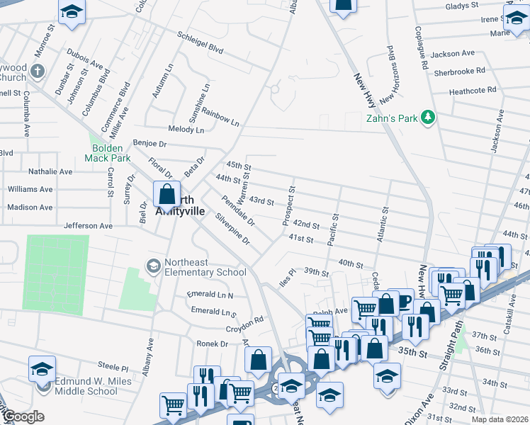 map of restaurants, bars, coffee shops, grocery stores, and more near 182 42nd Street in Copiague