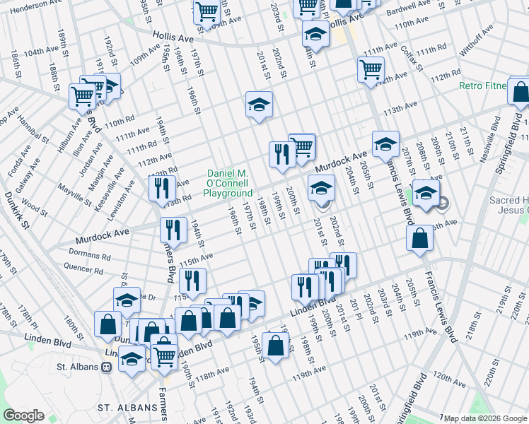 map of restaurants, bars, coffee shops, grocery stores, and more near 114-49 197th Street in Queens