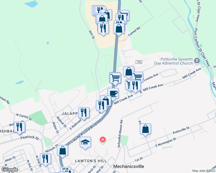 map of restaurants, bars, coffee shops, grocery stores, and more near 17 Mamies Avenue in Pottsville