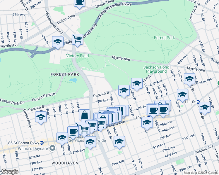 map of restaurants, bars, coffee shops, grocery stores, and more near 98 Stuart Lane in Queens