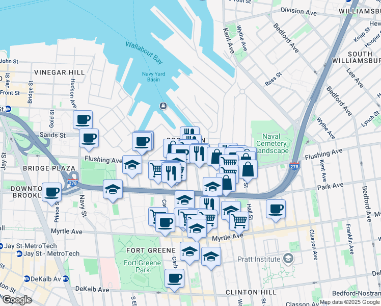 map of restaurants, bars, coffee shops, grocery stores, and more near 141 Flushing Avenue in Brooklyn