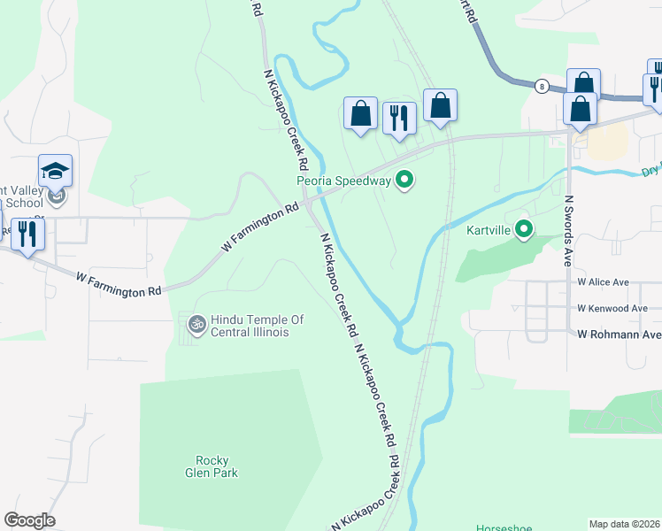 map of restaurants, bars, coffee shops, grocery stores, and more near 173 North Kickapoo Creek Road in Peoria
