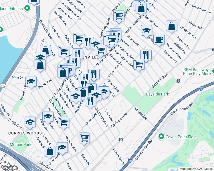 map of restaurants, bars, coffee shops, grocery stores, and more near 44 Sheffield Street in Jersey City