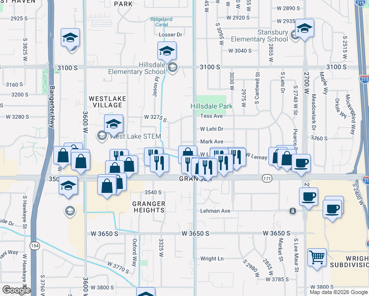 map of restaurants, bars, coffee shops, grocery stores, and more near 3401 Lee Ann Street in West Valley City