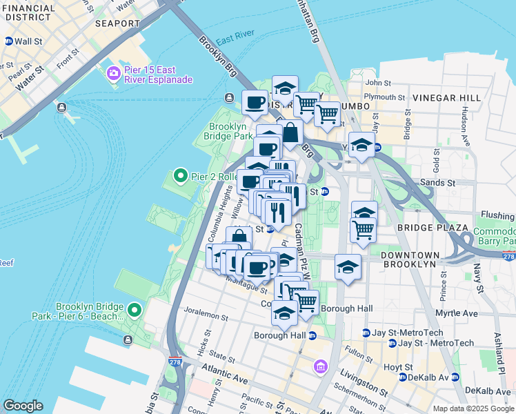 map of restaurants, bars, coffee shops, grocery stores, and more near 45 Pineapple Street in Brooklyn