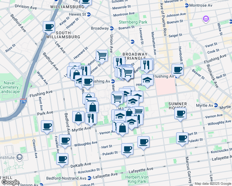map of restaurants, bars, coffee shops, grocery stores, and more near 502 Marcy Avenue in Brooklyn