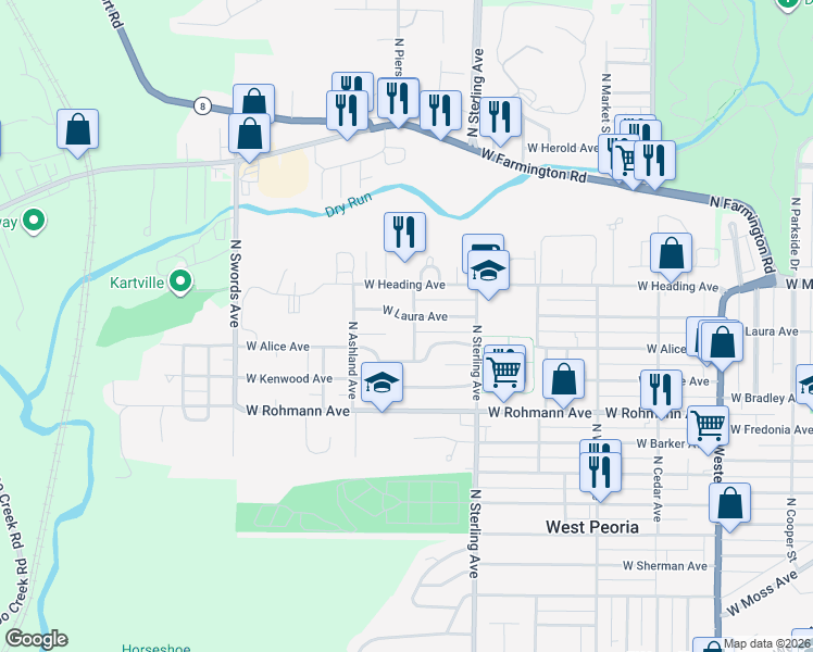 map of restaurants, bars, coffee shops, grocery stores, and more near 2704 West Wendarm Court in West Peoria