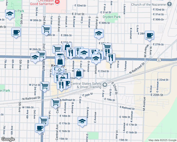 map of restaurants, bars, coffee shops, grocery stores, and more near 2298 Avenue D in Kearney