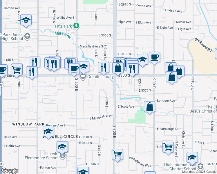map of restaurants, bars, coffee shops, grocery stores, and more near 659 East Riviera Circle in South Salt Lake