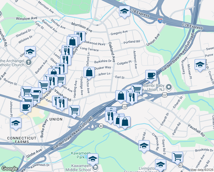map of restaurants, bars, coffee shops, grocery stores, and more near 1815 Vauxhall Road in Union