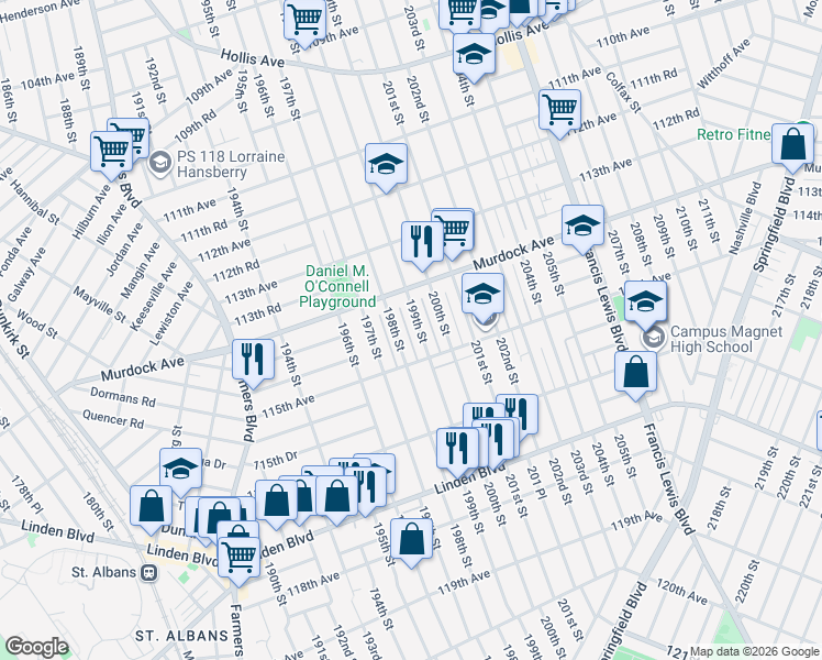 map of restaurants, bars, coffee shops, grocery stores, and more near 114-40 199th Street in Queens