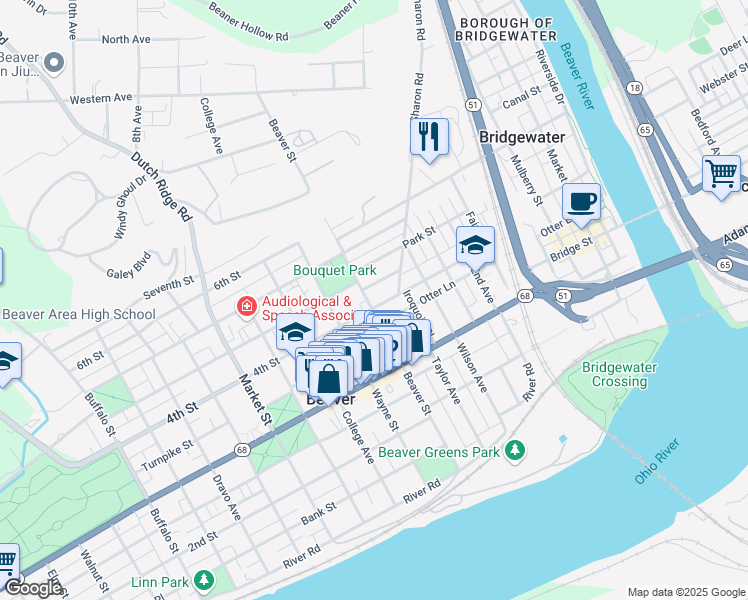 map of restaurants, bars, coffee shops, grocery stores, and more near 370 Beaver Street in Beaver