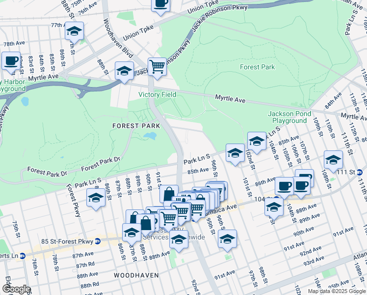map of restaurants, bars, coffee shops, grocery stores, and more near 8391 Woodhaven Boulevard in Queens