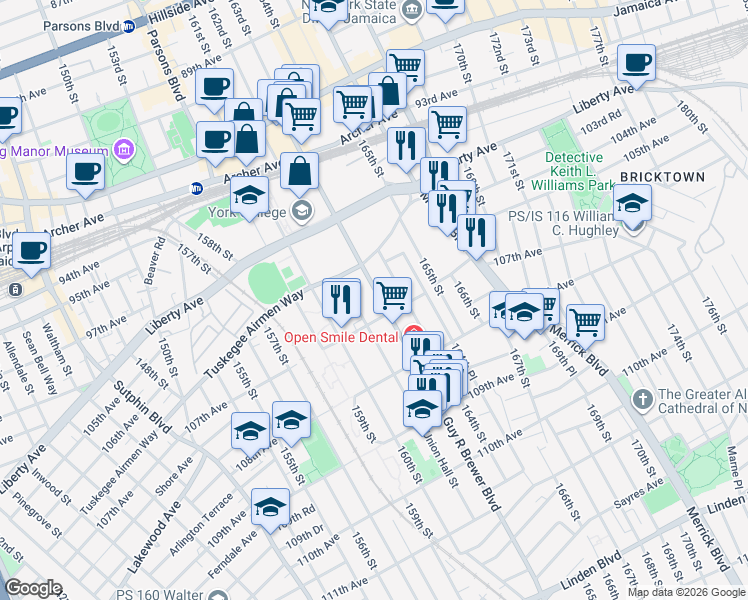 map of restaurants, bars, coffee shops, grocery stores, and more near in Queens