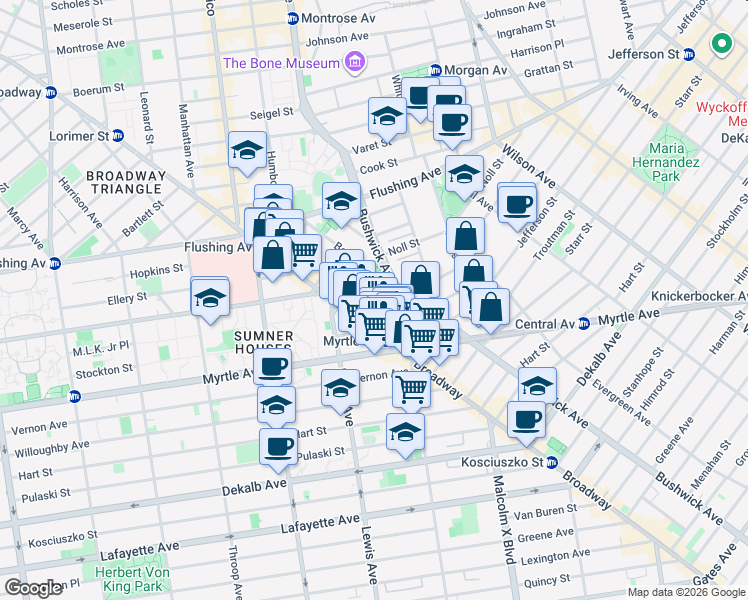 map of restaurants, bars, coffee shops, grocery stores, and more near 27 Arion Place in Brooklyn