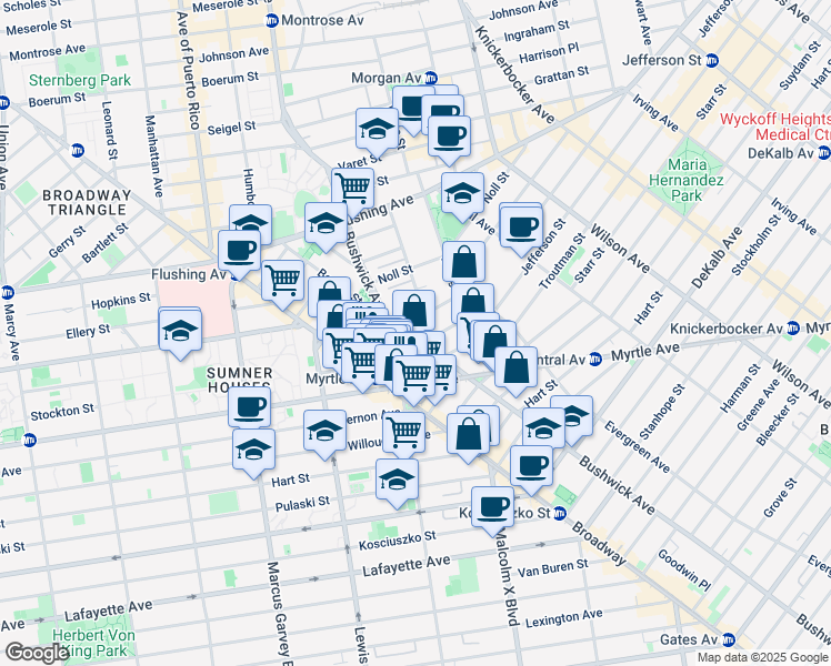 map of restaurants, bars, coffee shops, grocery stores, and more near 34 Melrose Street in Brooklyn