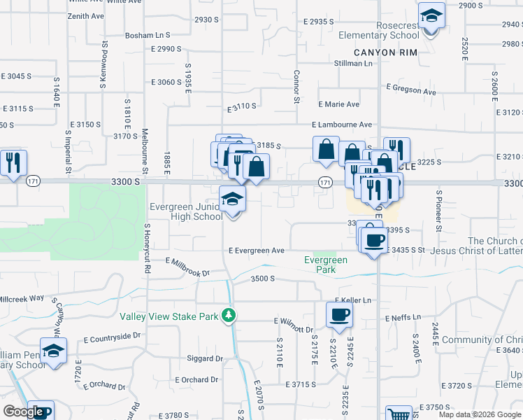 map of restaurants, bars, coffee shops, grocery stores, and more near 3351 South 2070 East in Salt Lake City
