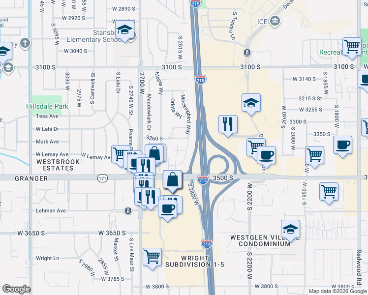 map of restaurants, bars, coffee shops, grocery stores, and more near 3425 Mockingbird Way in West Valley City
