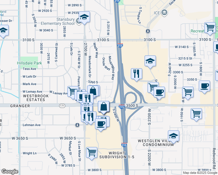 map of restaurants, bars, coffee shops, grocery stores, and more near 3425 Mockingbird Way in West Valley City