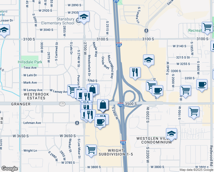 map of restaurants, bars, coffee shops, grocery stores, and more near 3425 Mockingbird Way in West Valley City