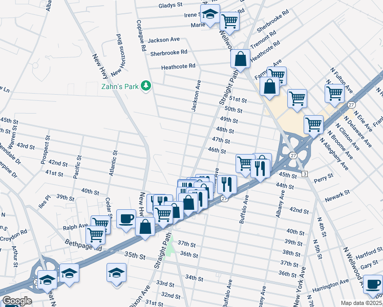 map of restaurants, bars, coffee shops, grocery stores, and more near 330 44th Street in Lindenhurst