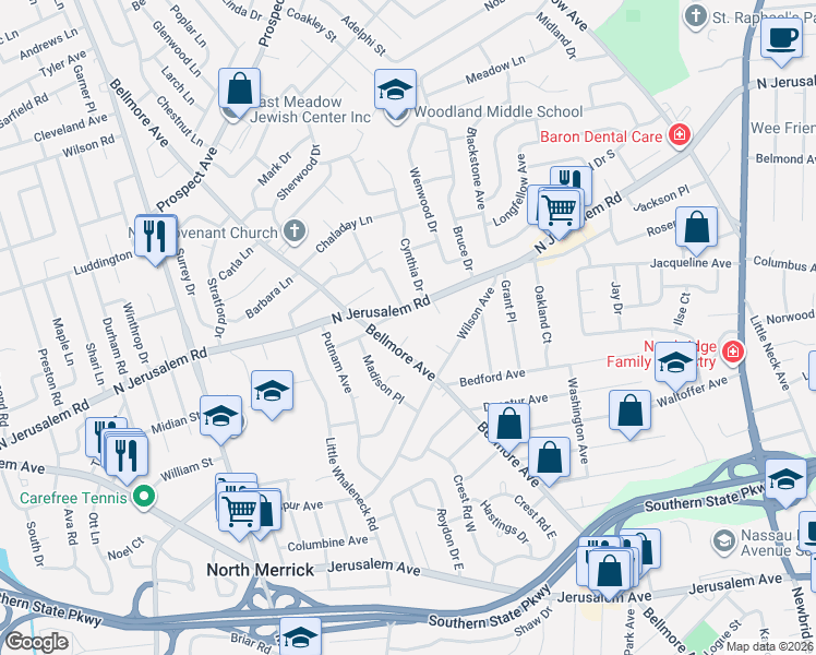 map of restaurants, bars, coffee shops, grocery stores, and more near 925 Lawrence Court in North Bellmore