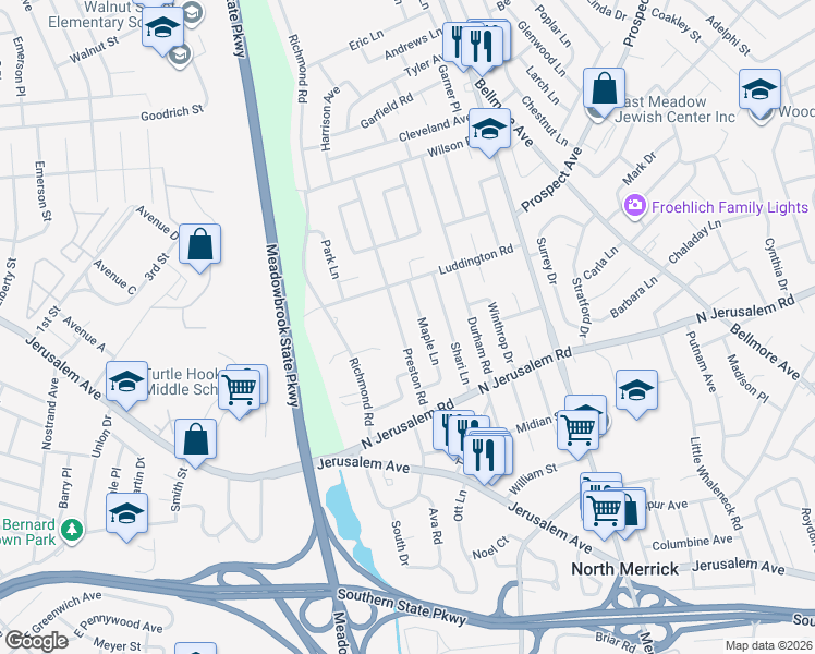 map of restaurants, bars, coffee shops, grocery stores, and more near 891 Preston Road in East Meadow