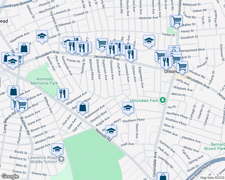 map of restaurants, bars, coffee shops, grocery stores, and more near 99 Oakmont Avenue in Hempstead