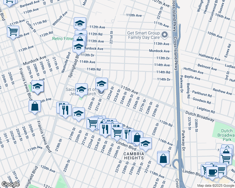 map of restaurants, bars, coffee shops, grocery stores, and more near 115-51 223rd Street in Queens