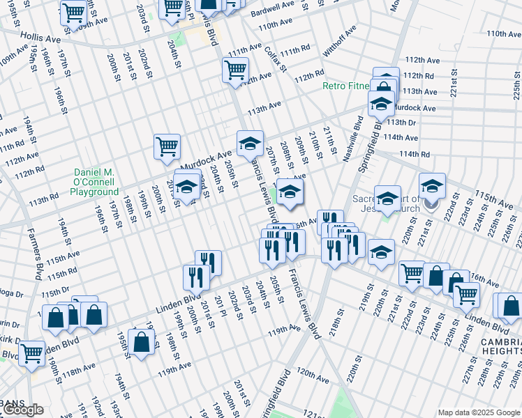 map of restaurants, bars, coffee shops, grocery stores, and more near 115-56 Francis Lewis Boulevard in Queens