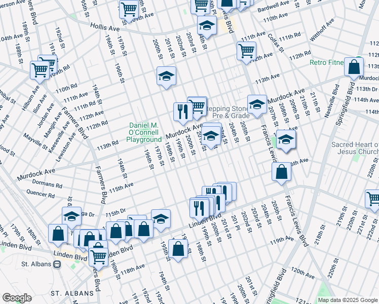 map of restaurants, bars, coffee shops, grocery stores, and more near 114-64 199th Street in Queens
