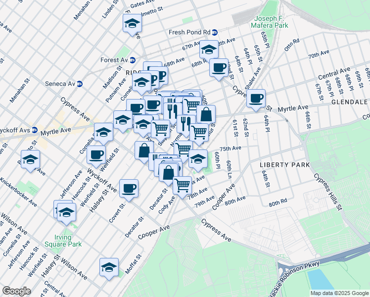 map of restaurants, bars, coffee shops, grocery stores, and more near 1804 Summerfield Street in Queens