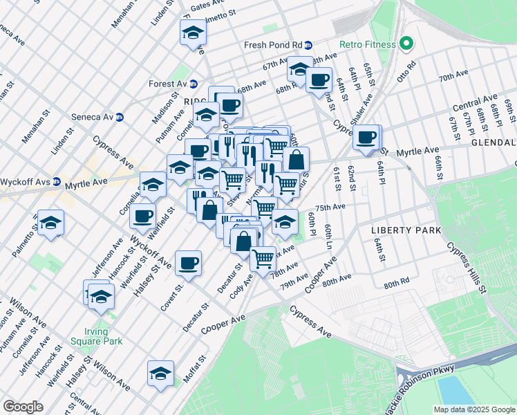 map of restaurants, bars, coffee shops, grocery stores, and more near 1804 Summerfield Street in Queens