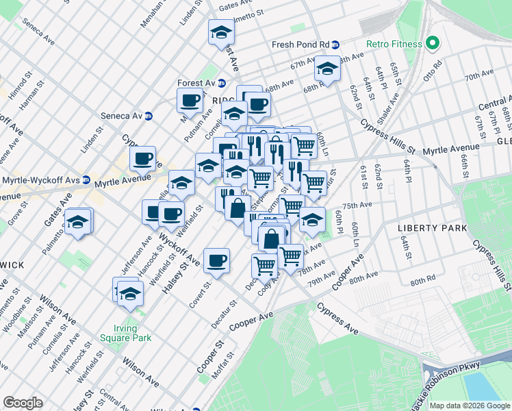 map of restaurants, bars, coffee shops, grocery stores, and more near 17-33 Norman Street in Queens