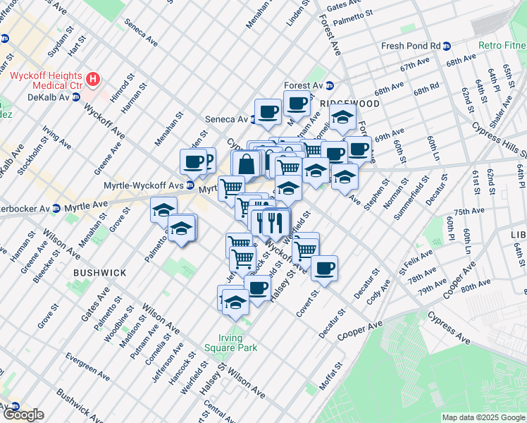 map of restaurants, bars, coffee shops, grocery stores, and more near 16-25 Hancock Street in Queens