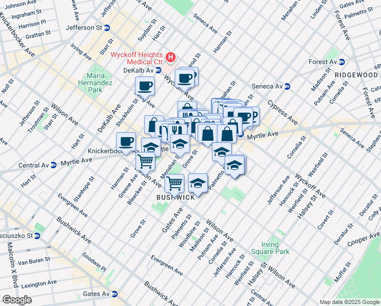 map of restaurants, bars, coffee shops, grocery stores, and more near 288 Grove Street in Brooklyn